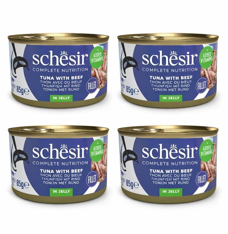 Schesir Complete Nutrition – Tuna with Beef in Jelly – Complete & Balanced Wet Cat Food – Added Vitamins – 4 × 85 g - Image 1